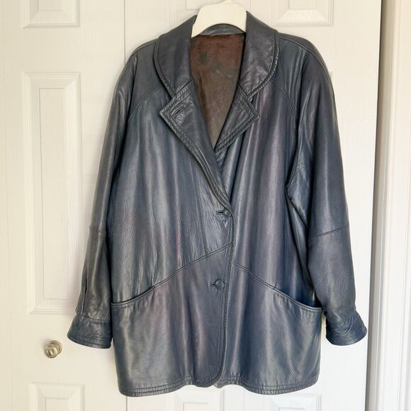 Vintage Friitala Blue Leather Bomber Jacket Size 14 - Picture 3 of 16